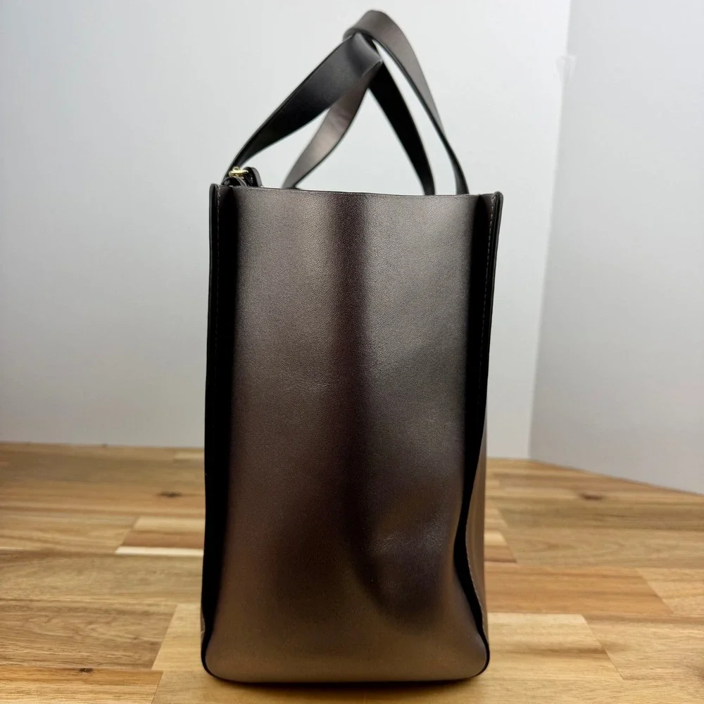 Kate Spade Metallic Pewter Leather Tote Bag Triple Compartment Handbag Gunmetal